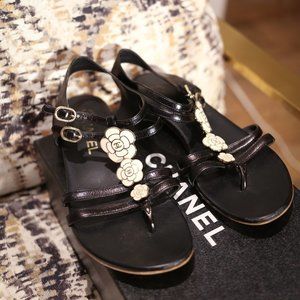 Chanel White Camellia Black Sandals